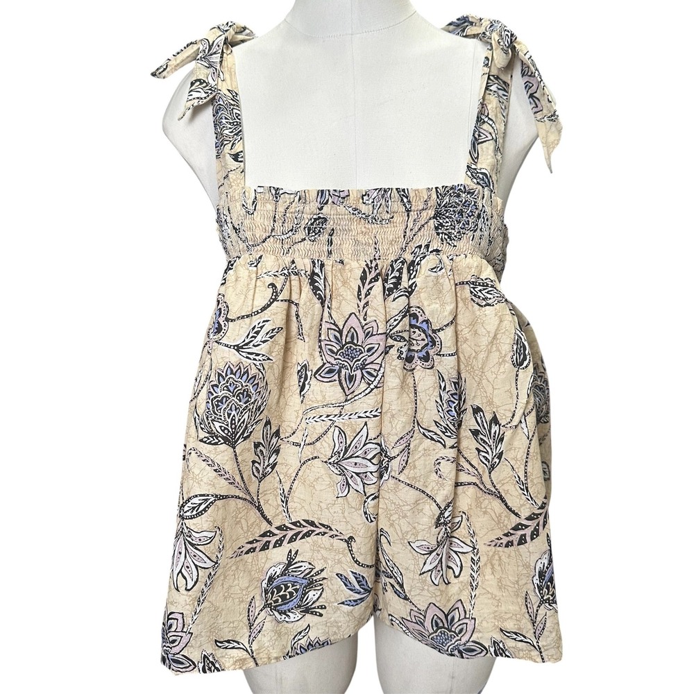 Angels Forever Young Top Women L Beige Floral Paisley Smocked Tie Strap Babydoll